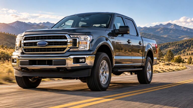 Full-size pickup truck driving on a smooth mountain road