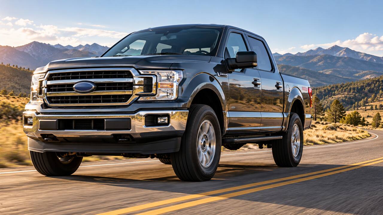 Full-size pickup truck driving on a smooth mountain road