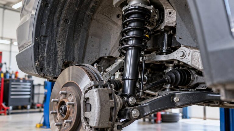 Car suspension strut and shock absorber assembly inside the front wheel well