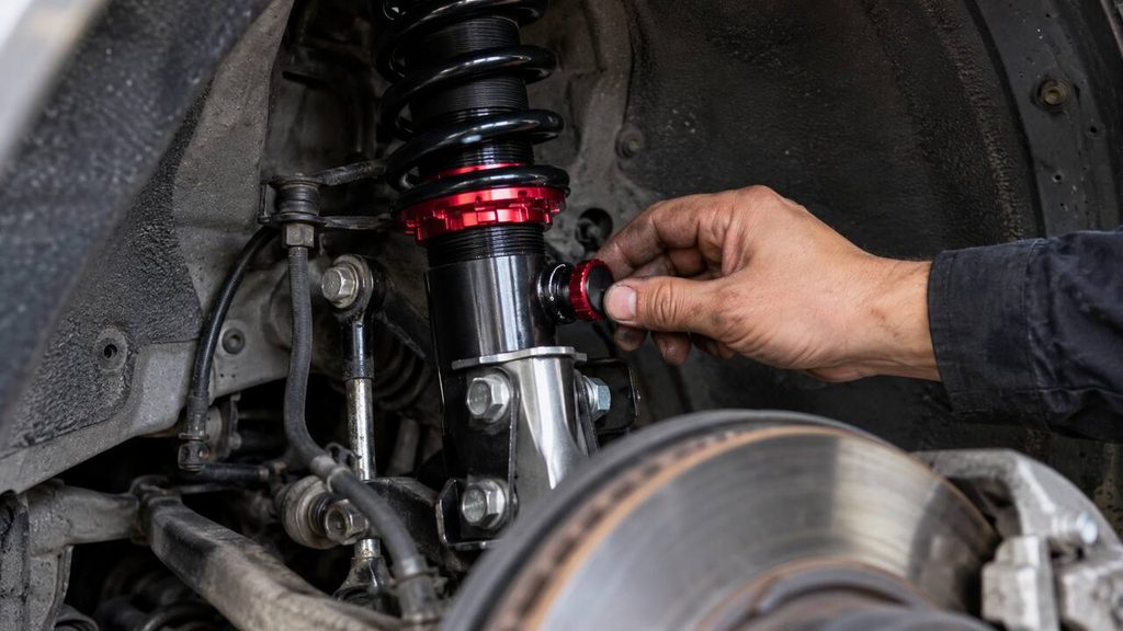 Mechanic adjusting a coilover damping knob to soften suspension ride comfort