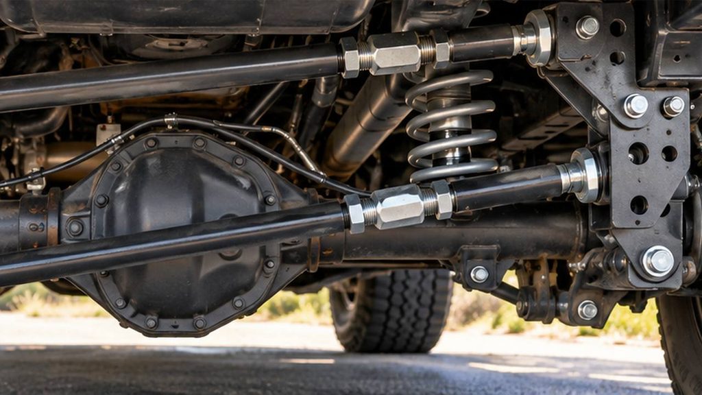 Adjustable rear four-link suspension with solid axle, control arms and mounting brackets