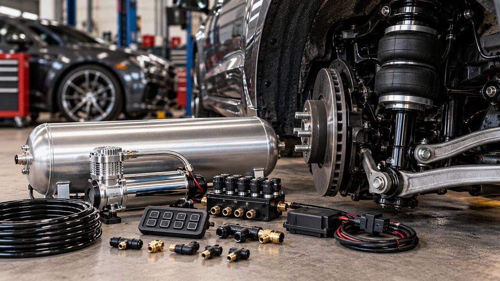 Air tank, compressor, manifold and hoses for an automotive air suspension management system