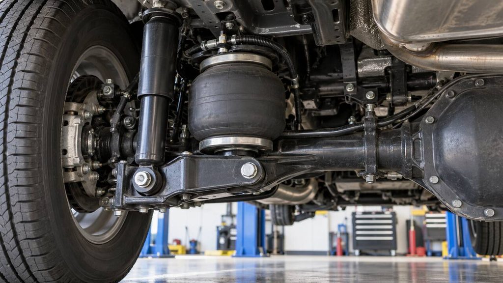 Air suspension bag and shock absorber mounted under a vehicle axle