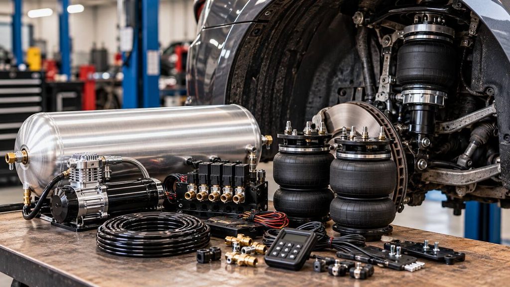 Installed air suspension strut and air spring components next to a car wheel well in a workshop
