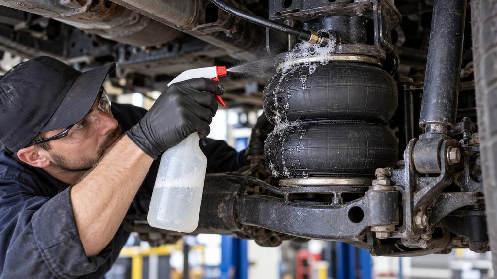 Mechanic spraying soapy water on an air suspension bag to check for leaks
