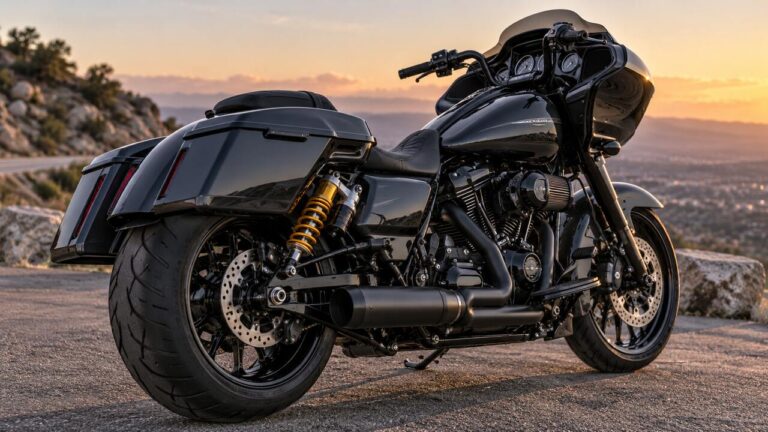 Custom black Harley-style touring motorcycle with upgraded rear shock suspension