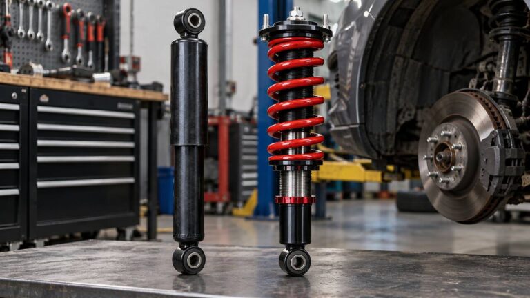 Conventional shock absorber and red coilover shown side by side in an automotive workshop
