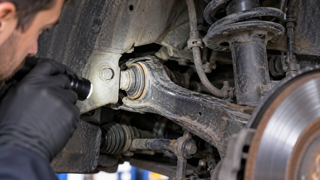Mechanic inspecting a cracked control arm bushing with a flashlight
