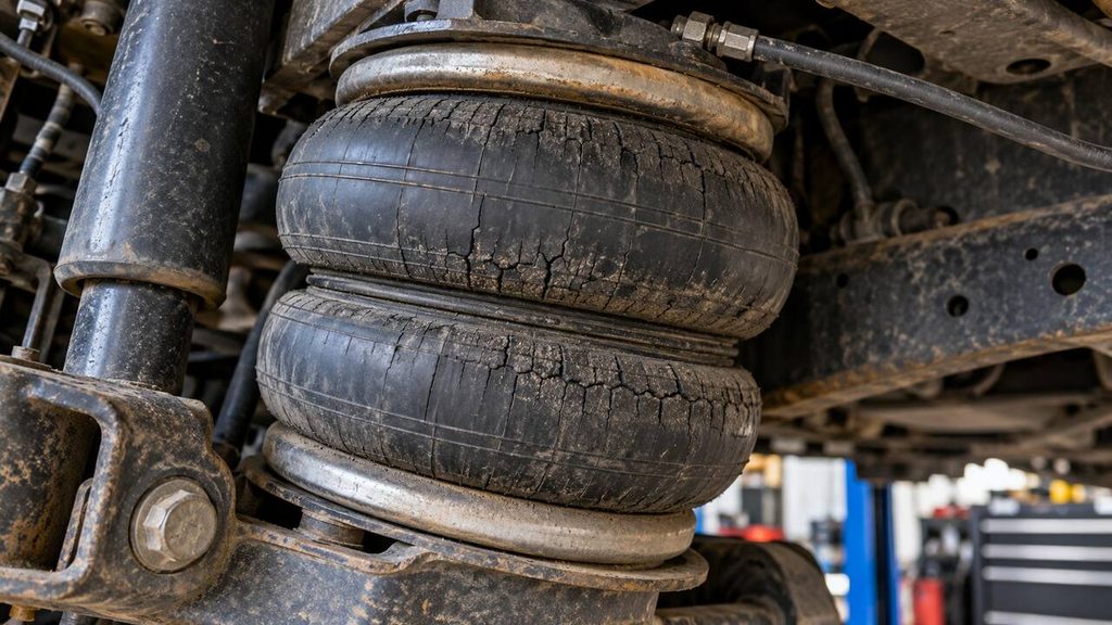 Cracked and weathered air suspension bag showing rubber deterioration