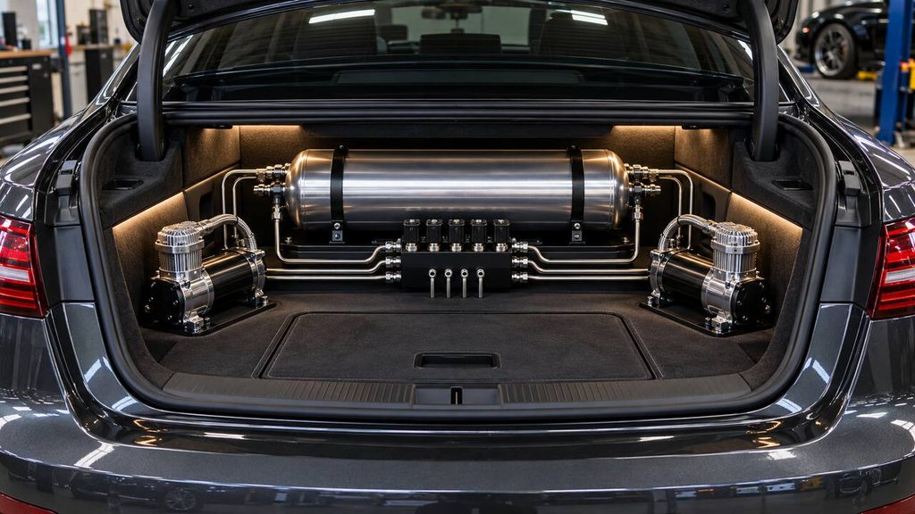 Custom air suspension trunk installation with air tank, compressors and hard lines