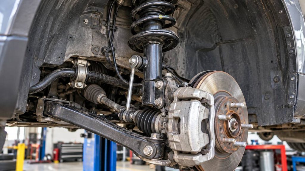 Front suspension components with strut, coil spring, control arm and brake assembly exposed