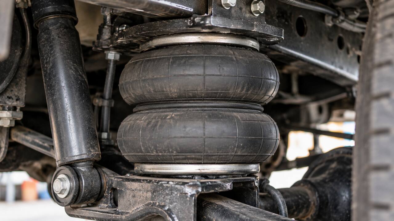Close-up of an air suspension bag and shock absorber mounted under a vehicle