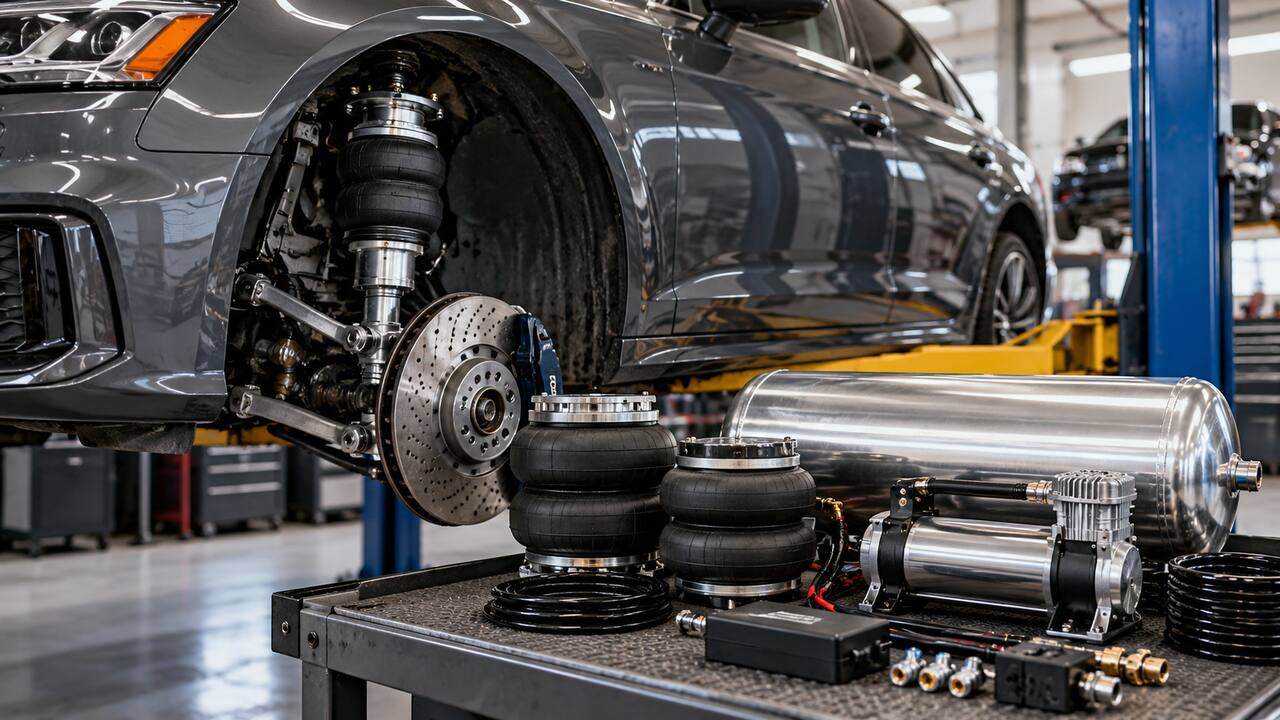 Air suspension components and installed air strut on a car in an automotive workshop