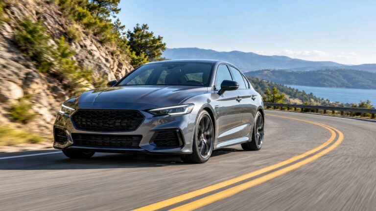 Modern sedan cornering on a mountain road to illustrate suspension stiffness and ride comfort