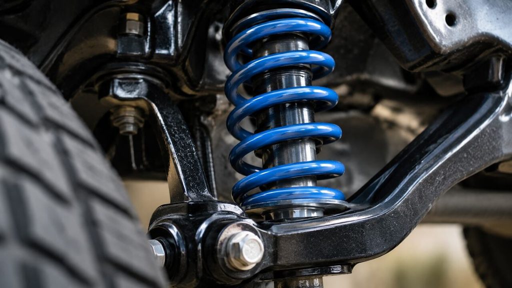 Blue coilover spring and shock absorber installed in a vehicle suspension