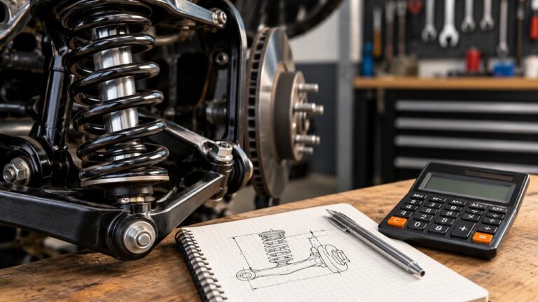 Automotive coilover suspension with calculator and notebook for spring rate calculations