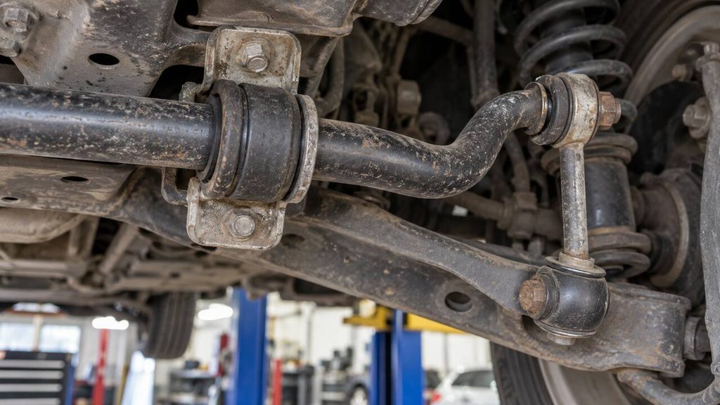 Sway bar bushings and stabilizer link mounted beneath a car