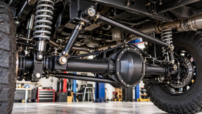 Rear solid axle suspension with control arms and coil springs shown underneath a vehicle