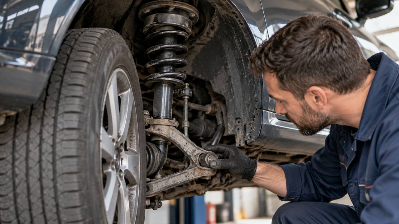 Mechanic inspecting the front suspension of a car for creaking noises