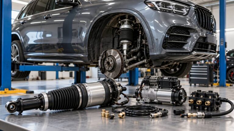Air suspension components in an automotive workshop with the wheel removed