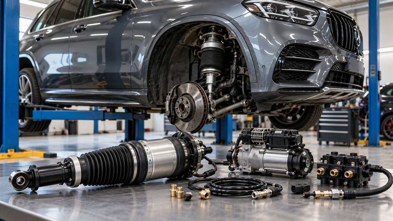 Air suspension components in an automotive workshop with the wheel removed