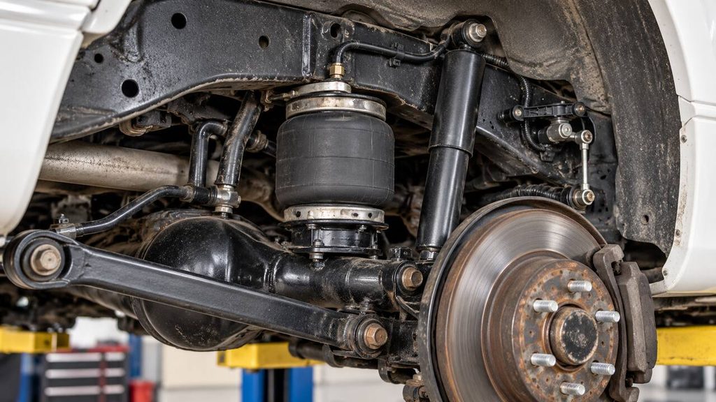 Lincoln Town Car rear air spring and shock absorber mounted beside the solid rear axle