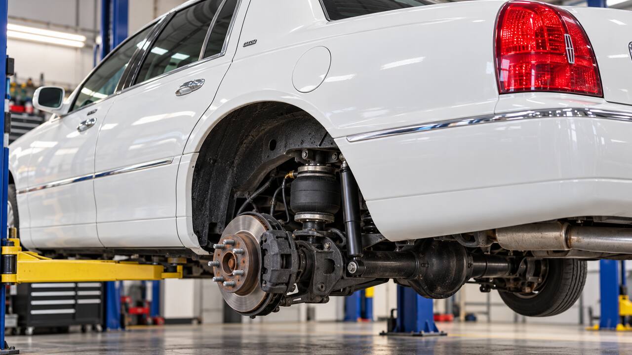 Lincoln Town Car rear air suspension with the wheel removed in an automotive workshop