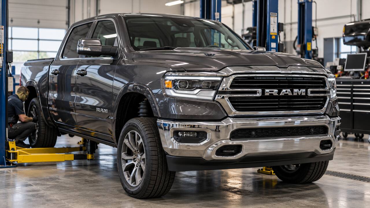 Ram 1500 pickup truck in an automotive workshop with the front air suspension visible