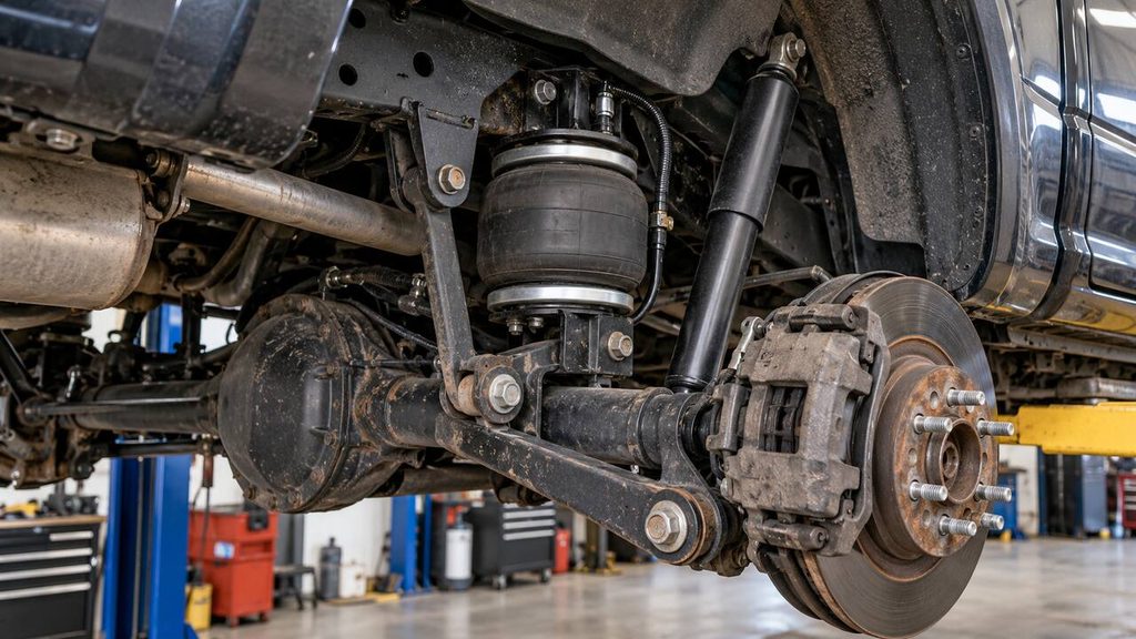 Ram 1500 rear air suspension showing the air spring, shock absorber and solid rear axle