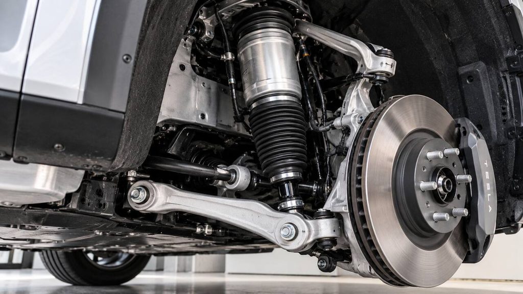 Tesla front air suspension strut, control arms and brake assembly with the wheel removed