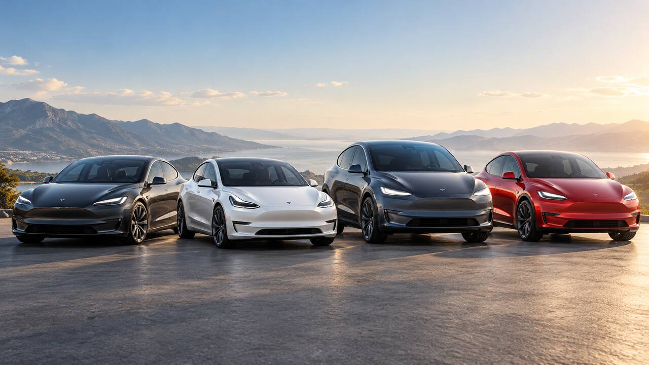 Tesla Model S, Model 3, Model X and Model Y parked side by side