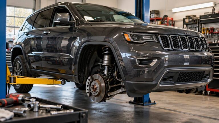 Jeep Grand Cherokee on a lift with the front wheel removed, showing the air suspension assembly