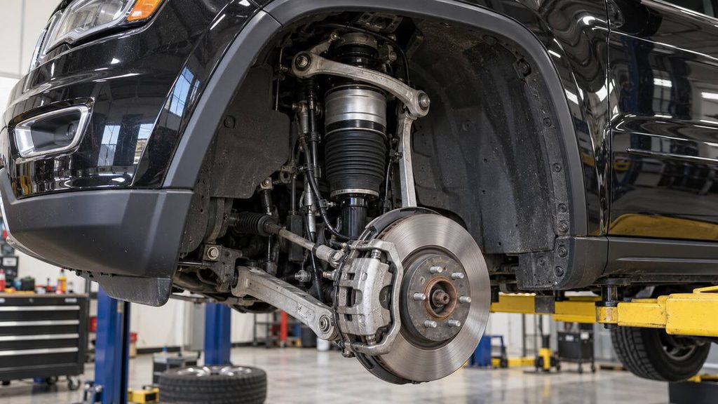 Jeep Grand Cherokee front air suspension and brake assembly with the wheel removed on a workshop lift