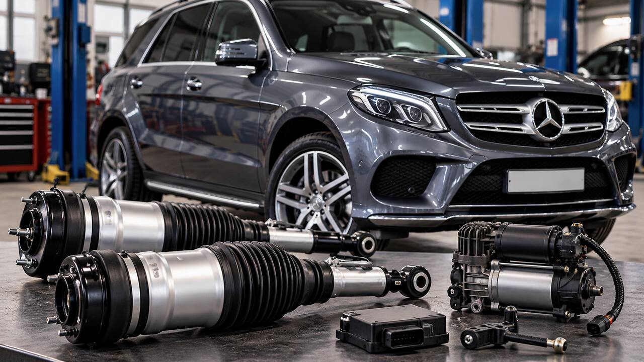 Mercedes-Benz SUV with AIRMATIC air suspension struts and compressor displayed in a repair workshop