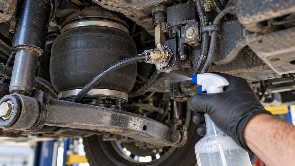 Mechanic spraying soapy water on an air suspension line fitting to detect a leak