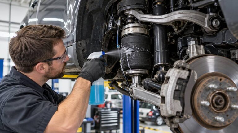 Mechanic spraying soapy water on an air suspension air spring to find a leak