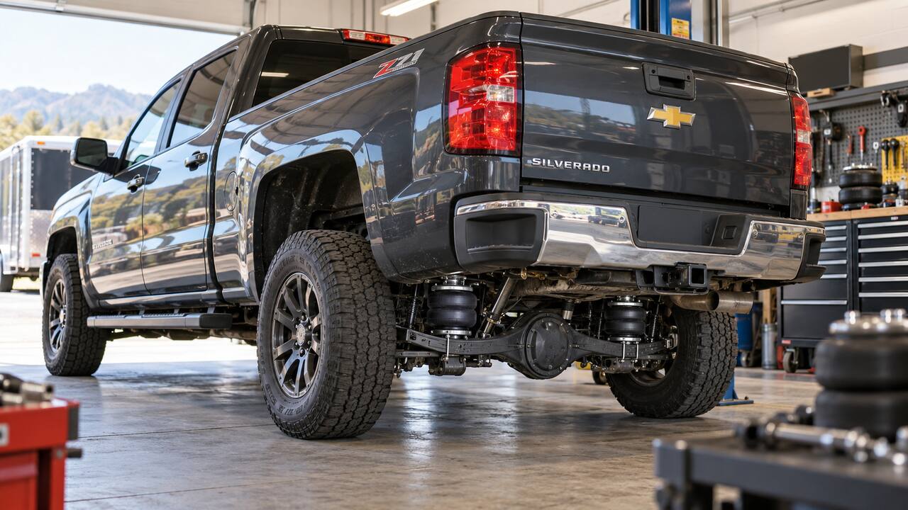 Chevy Silverado 1500 with rear air helper springs installed in a workshop