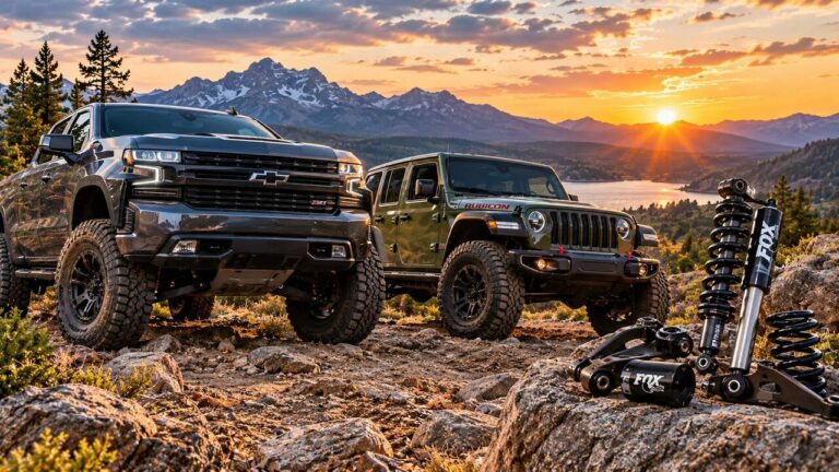 Lifted off-road truck and Jeep with aftermarket suspension components on rocky mountain terrain