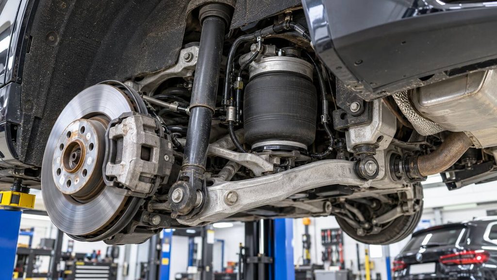 BMW X5 rear air suspension and brake assembly visible while the vehicle is raised on a workshop lift