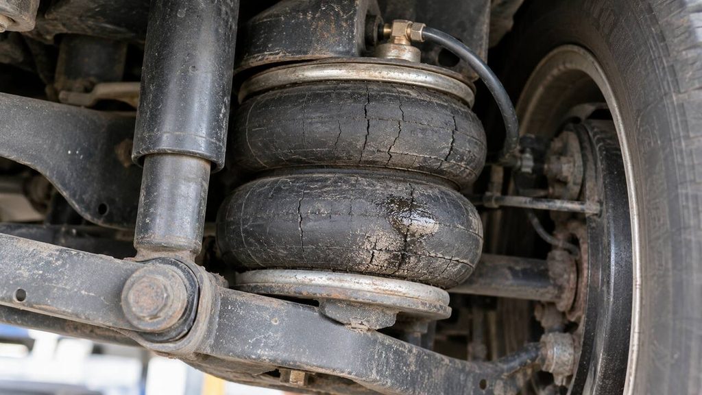Cracked air suspension spring under a vehicle next to the shock absorber and wheel