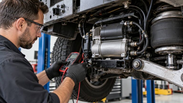 Mechanic testing an air suspension compressor with a multimeter under a raised vehicle