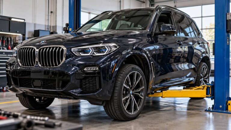 BMW X5 on a workshop lift with air suspension prepared for jacking mode