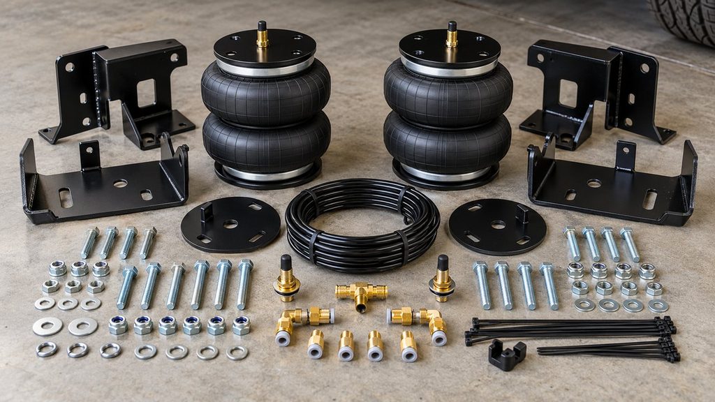 Chevy Silverado 1500 air bag kit components laid out with brackets, air springs and hardware