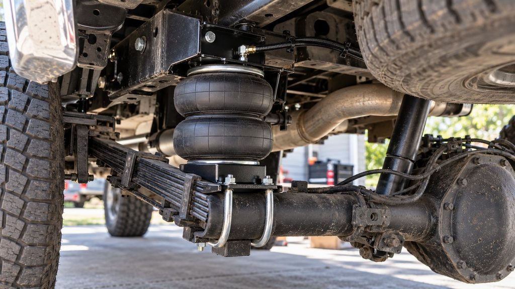 Rear air helper spring installed on a Chevy Silverado 1500 suspension