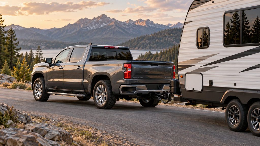 Chevy Silverado 1500 towing a travel trailer on a mountain road