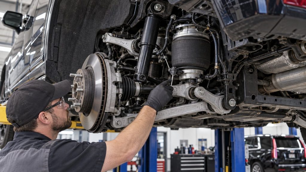 Cadillac Escalade air ride suspension components being inspected in a workshop