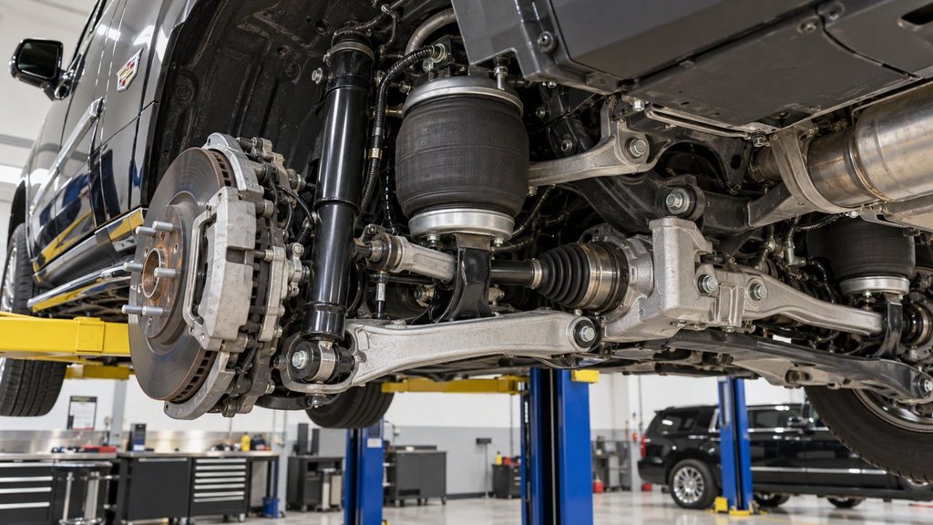 Rear air suspension assembly on a Cadillac Escalade lifted in a workshop