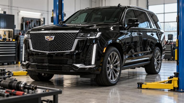 Black Cadillac Escalade in a workshop for air ride suspension service