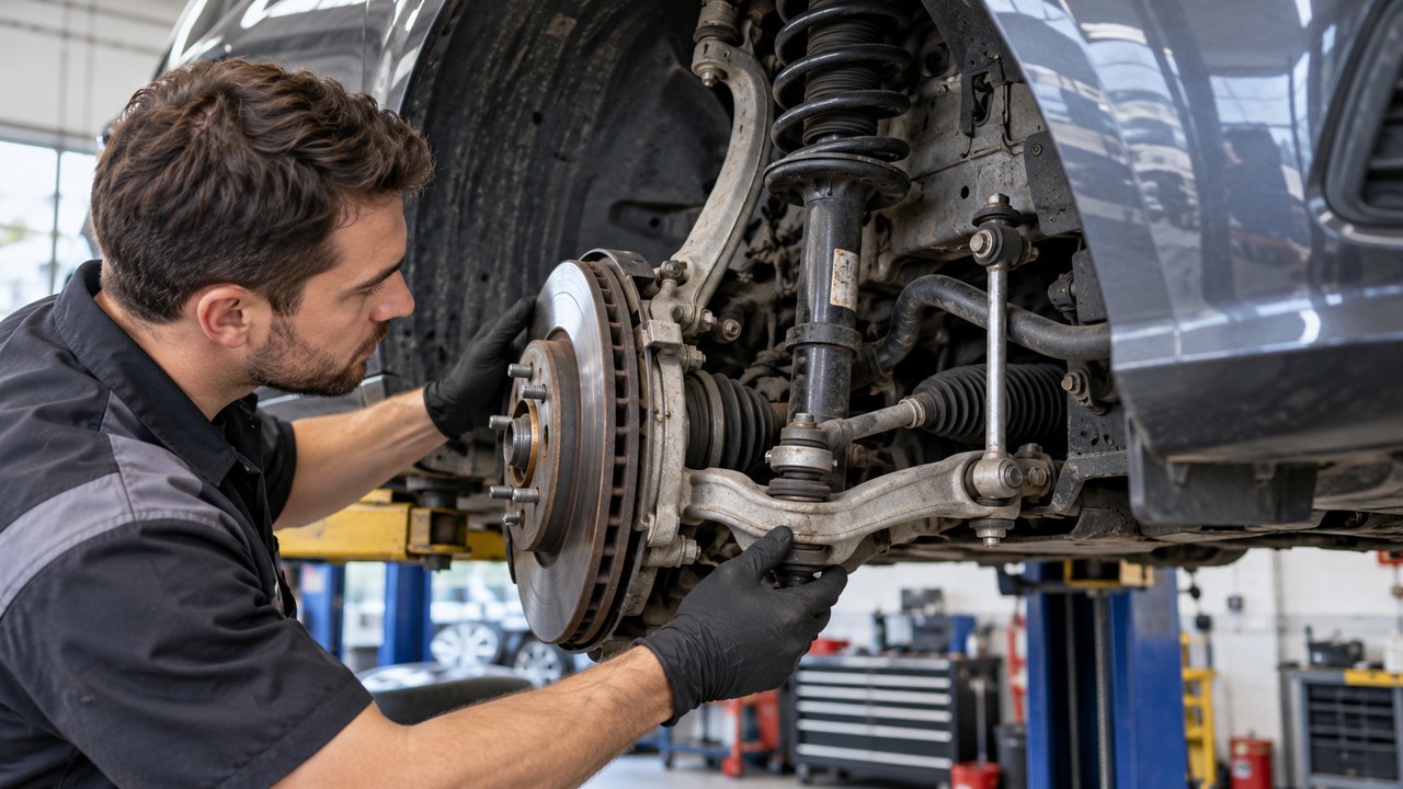 Mechanic inspecting front suspension and steering components for looseness