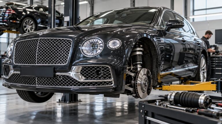 Bentley sedan on a workshop lift with the front wheel removed and suspension components exposed